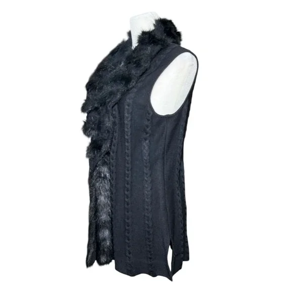 Ming Wang Sweater Vest Women L Black Faux Fur Trim Cable Knit Quiet Luxury Chic - Picture 4 of 15